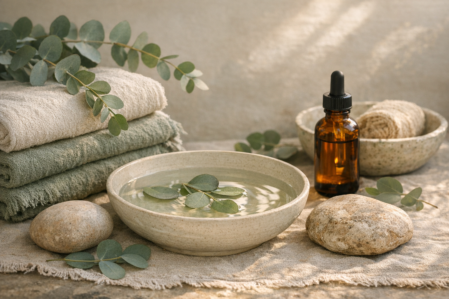Ambiance spa naturelle ObioSpa — composition zen feuillage et lumière douce