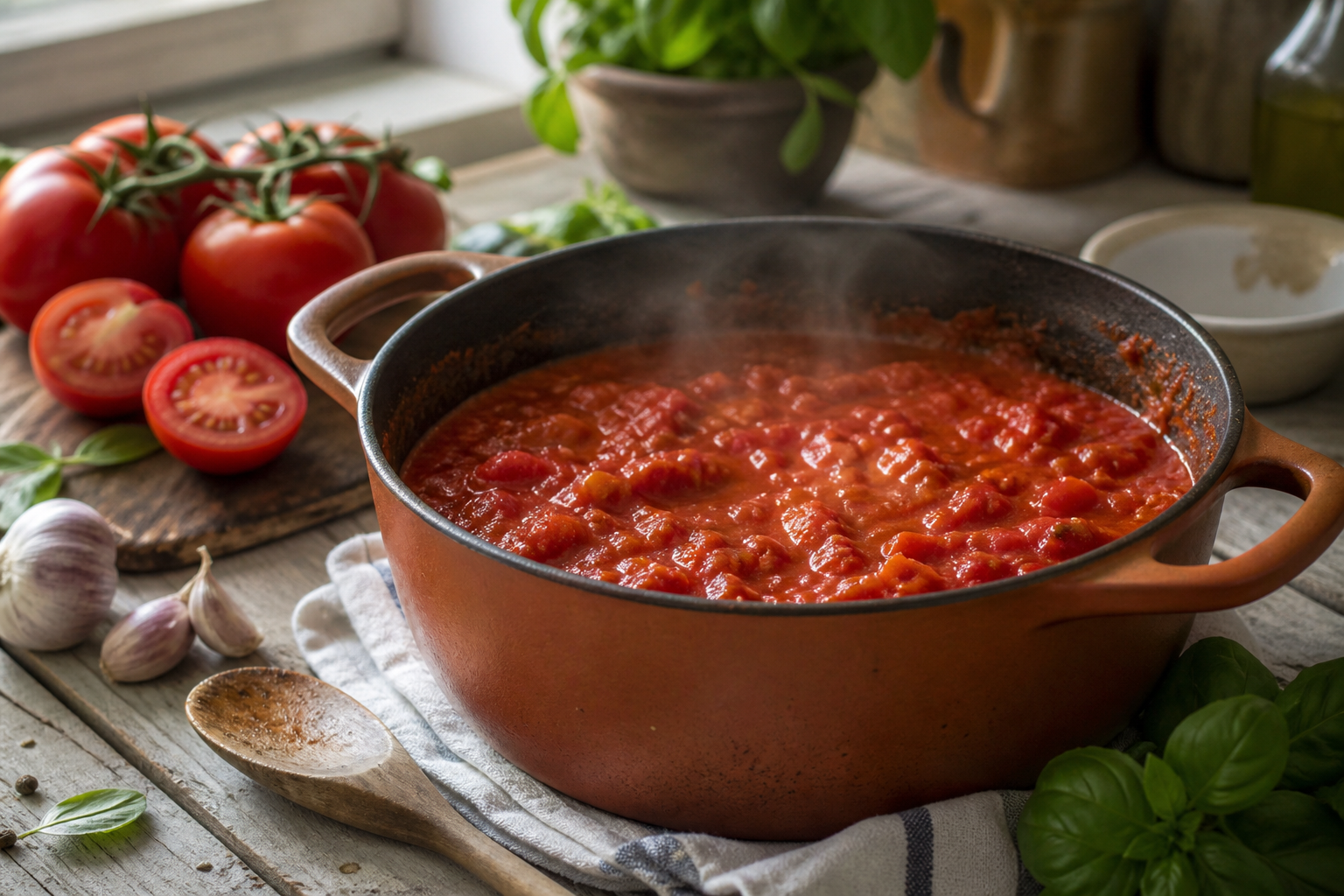 La sauce tomate maison de grand-mère mijote pour révéler son goût